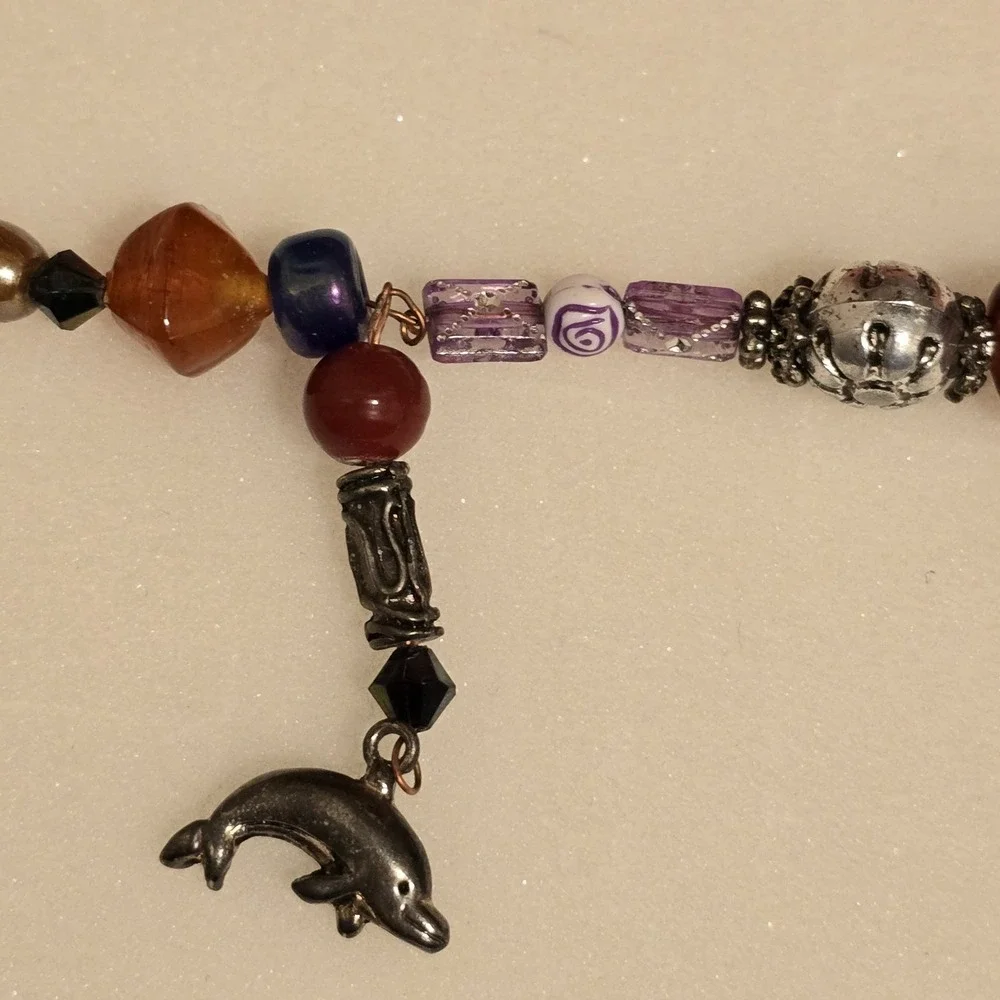 VTG Hand Wired Copper Glass Metal Beaded Stones Charm Bracelet Womens 9.5
